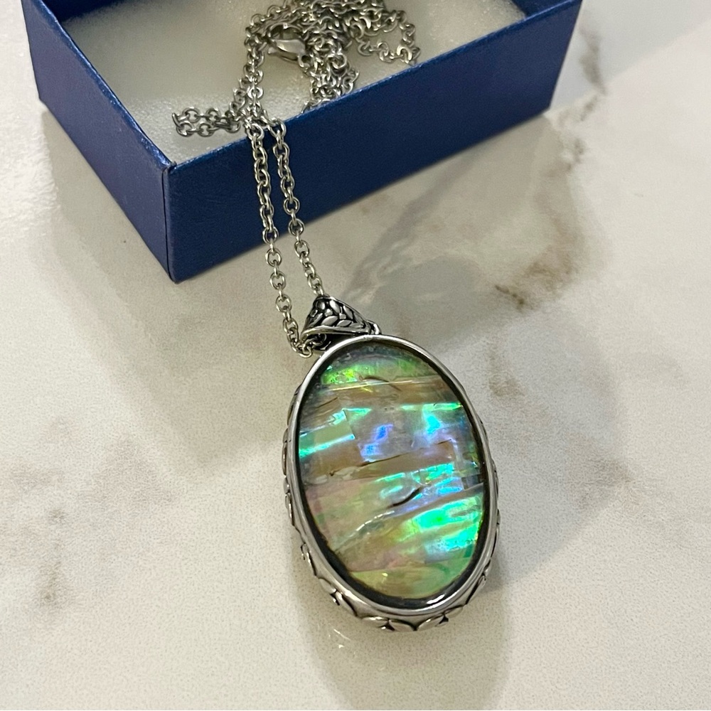 Abalone and Green Jade Reversible Pendant 316L Stainless Steel 20” Necklace